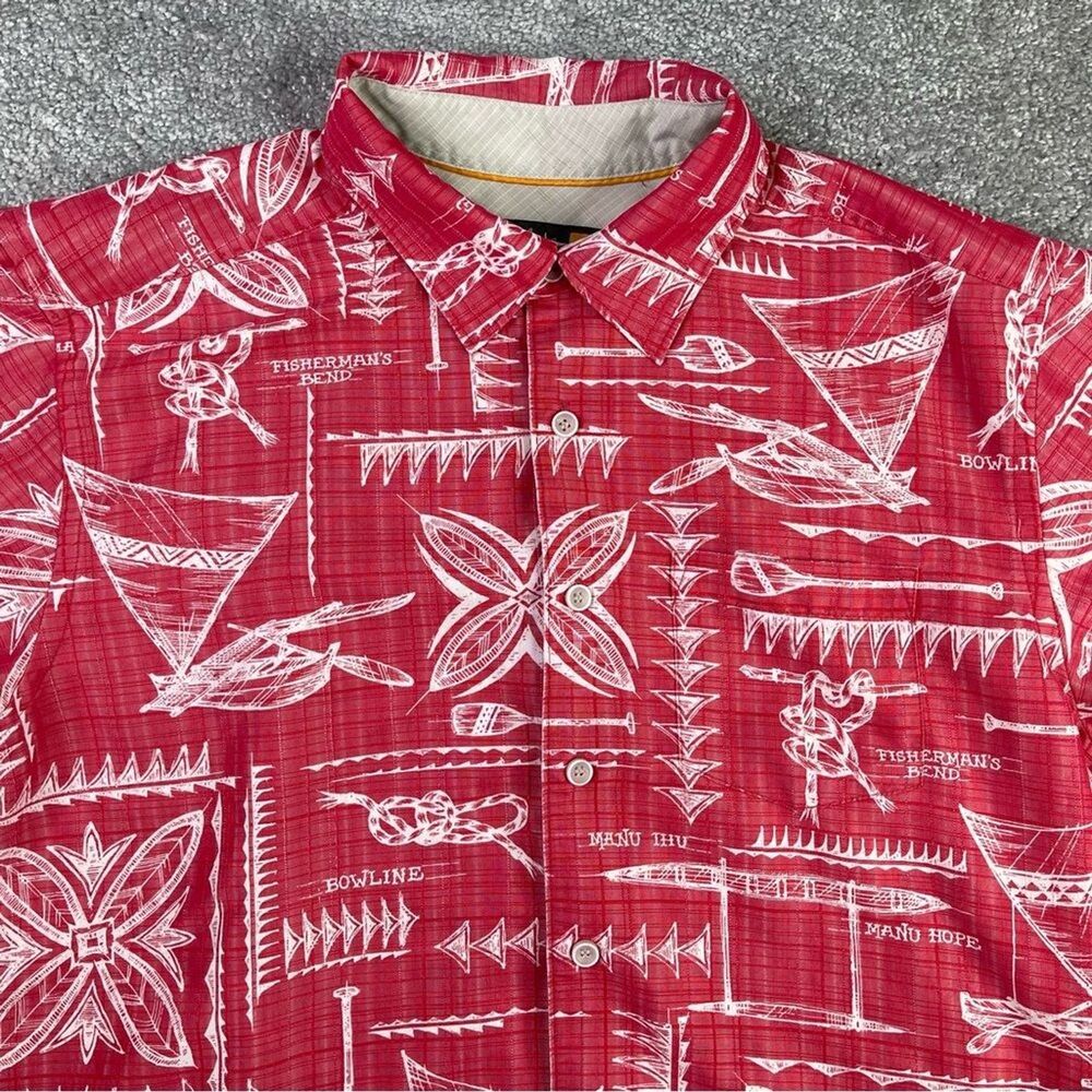 Quiksilver Waterman Collection Hawaiian Shirt Mens M Red Surf Tiki Button Up